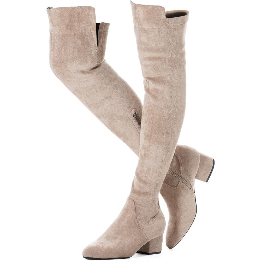 Women's Cream High  Thigh Low Block Heel Stylish Boots